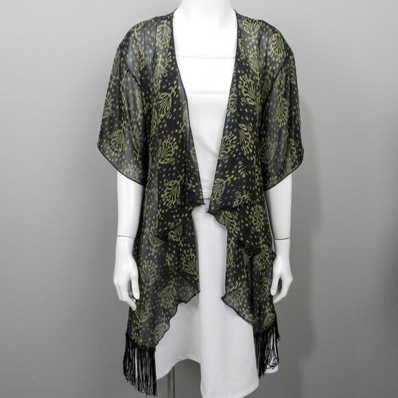 LuLaRoe Monroe Kimono Sheer Fringe Swim Cover Up Size S Black Beige Batik - Picture 1 of 12
